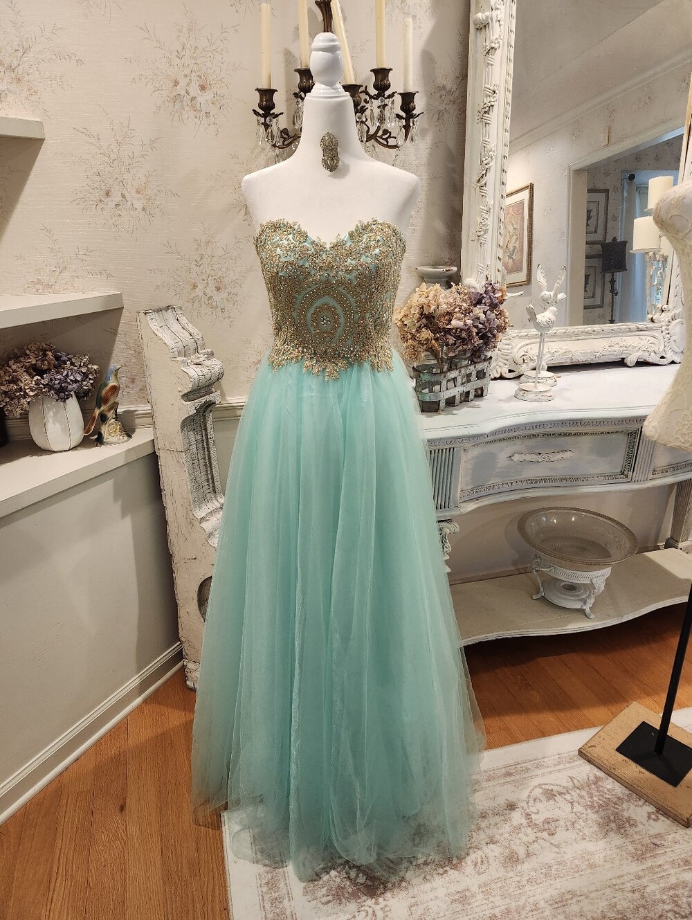 Turquoise Seafoam Beaded Mermaid Pageant Evening Gown 4